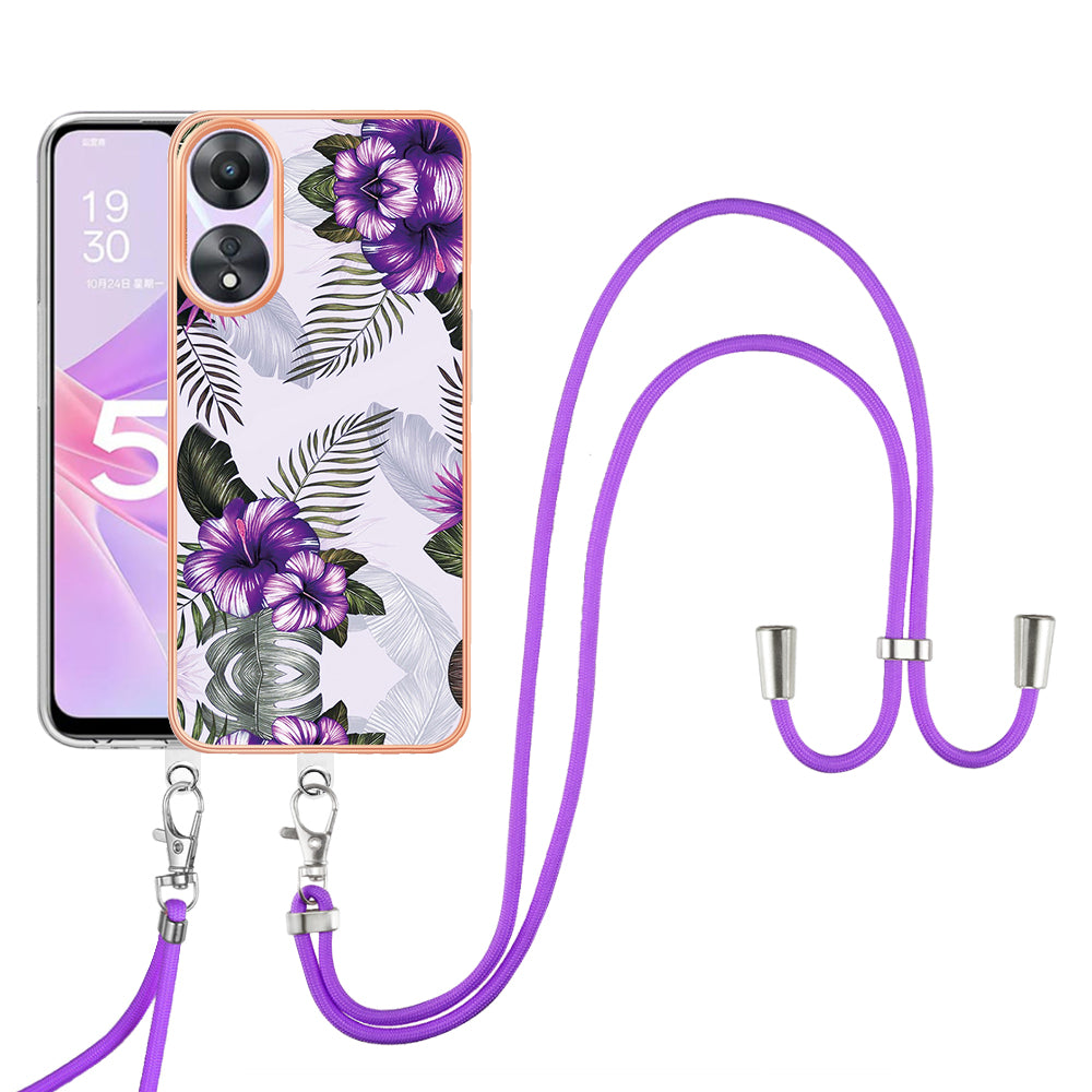 YB IMD Series-4 for Oppo A78 5G / A58 5G Electroplating TPU Cover IMD Marble Flower Pattern Phone Case with Lanyard - Purple Flowers YB IMD Series-4 for Oppo A78 5G / A58 5G Electroplating TPU Cover IMD Marble Flower Pattern Phone Case with Lanyard - Purple Flowers